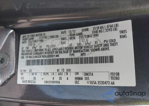 2013 Ford Escape Se from USA, damaged, VIN 1FMCU9GX1DUB89146